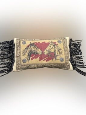 Vintage Style Horse Equestrian Throw Pillow Fringe Rustic Lodge Decor